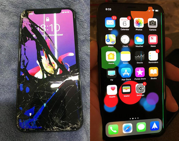 Hình ảnh iPhone bị vỡ kính chảy mực (bên trái) và bị sọc (bên phải)