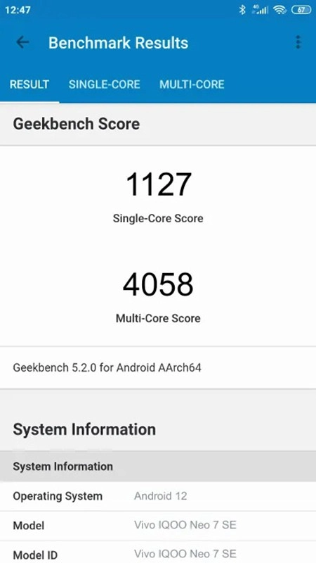 Điểm Geekbench của iQOO Neo 7 SE