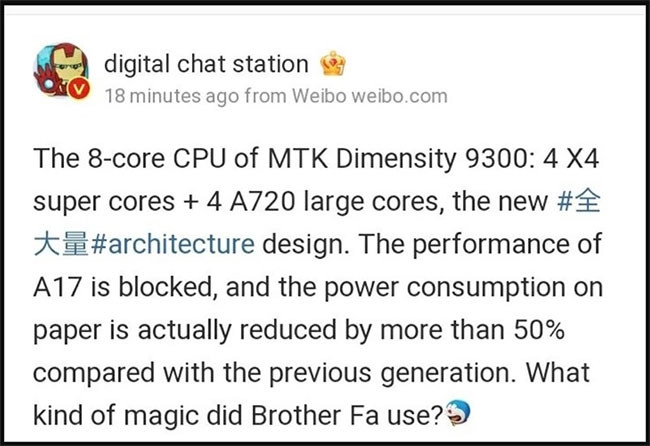 Thông tin mà bloger Weibo cung cấp về Chipset Dimensity mới nhất