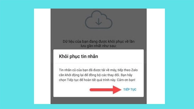 Hãy chọn Tiếp tục để hoàn tất quá trình khôi phục tin nhắn của bạn