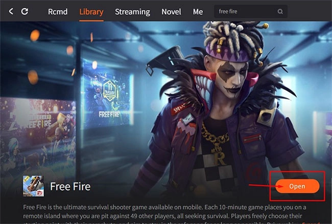 Gameloop sẽ hiển thị giao diện Free Fire bạn chọn Open để truy cập vào game