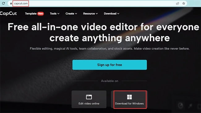Bạn tìm Capcut. com và chọn phiên bản Capcut dành do hệ điều hành Windows