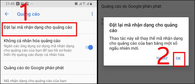 Sau đó đặt lại mật mã nhận dạng quảng cáo là đã xong