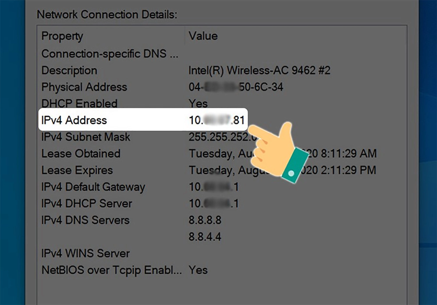 Bạn sẽ nhìn thấy IP riêng của mình tại IPv4 Address