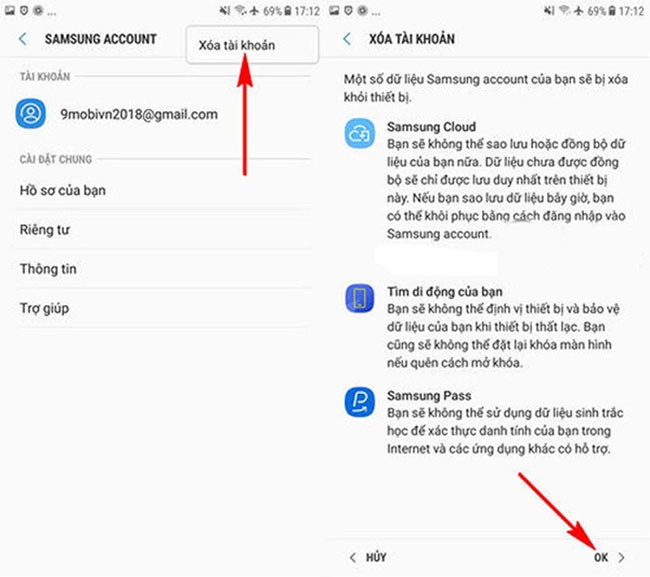 Bạn xác nhận muốn xoá tài khoản và chọn OK