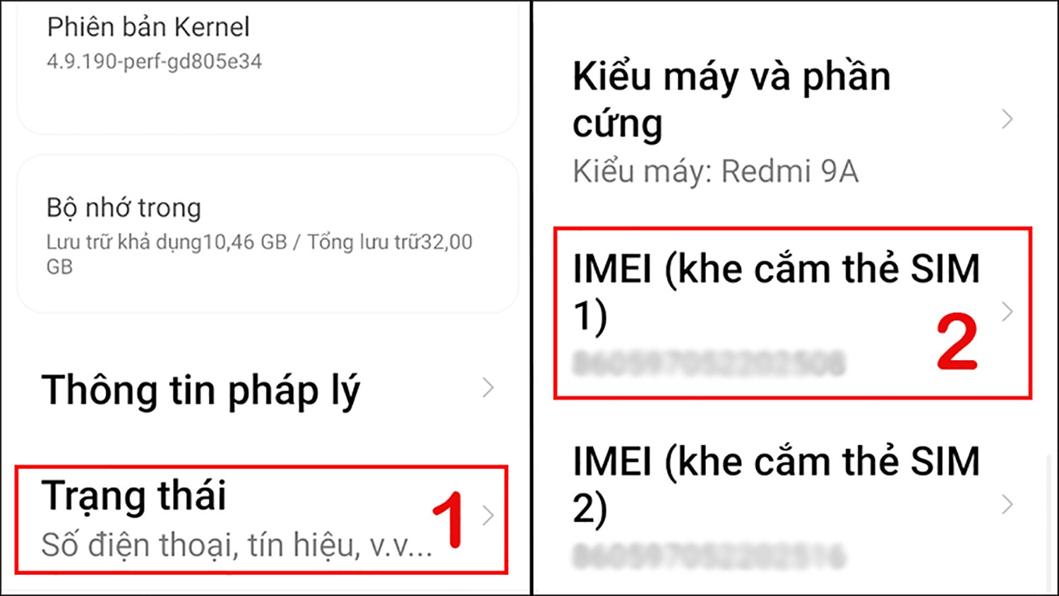 Sau đó chọn Trạng thái và xem khe cắm SIM 1