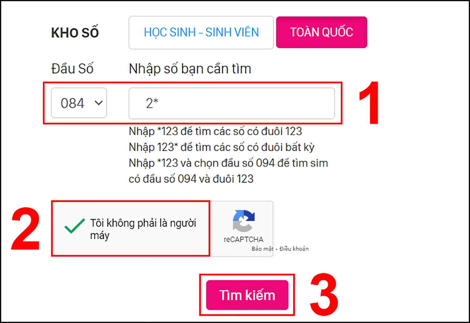 Bạn tìm một đầu số 084 và số kèm theo may mắn rồi nhấn tìm kiếm