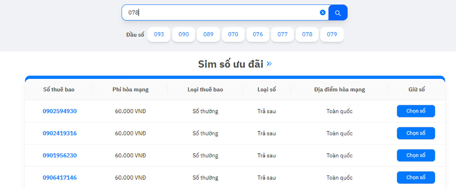 Bạn tìm đầu số 078 trên thanh Tìm kiếm
