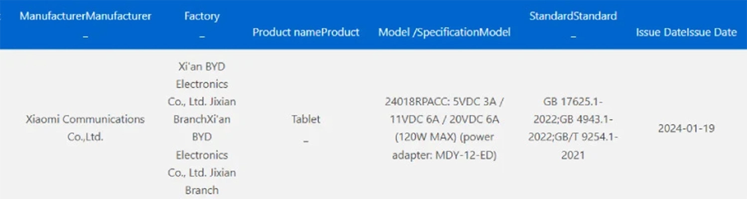 Xiaomi Pad 6S Pro có thể được hỗ trợ sạc nhanh 120W