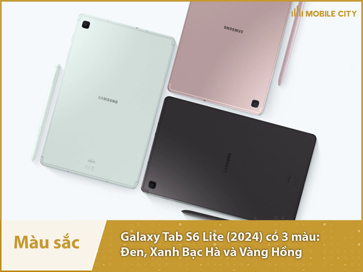 Màu sắc Samsung Galaxy Tab S6 Lite (2024): Đen, Xanh Bạc Hà và Vàng Hồng
