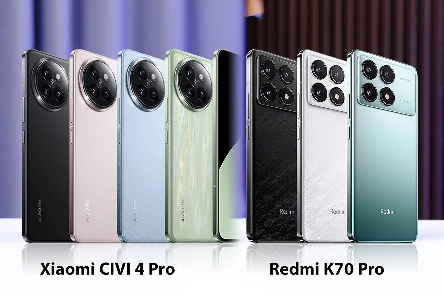 CIVI 4 Pro có 4 màu (Đen, Hồng, Xanh dương và Xanh lá); K70 Pro có 3 màu (Đen, Trắng và Xanh)