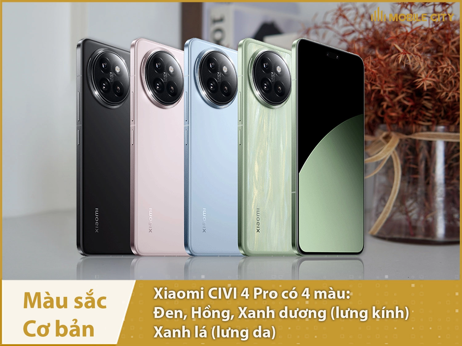 Xiaomi CIVI 4 Pro có 4 màu cơ bản: Đen, Xanh dương, Hồng và Xanh lá