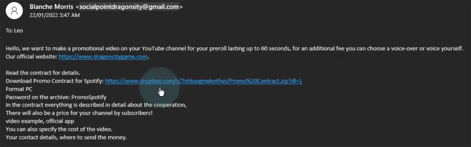 Một email được hacker gửi đến với nội dung hợp tác quảng cáo. Email có đi kèm đường link tải về 