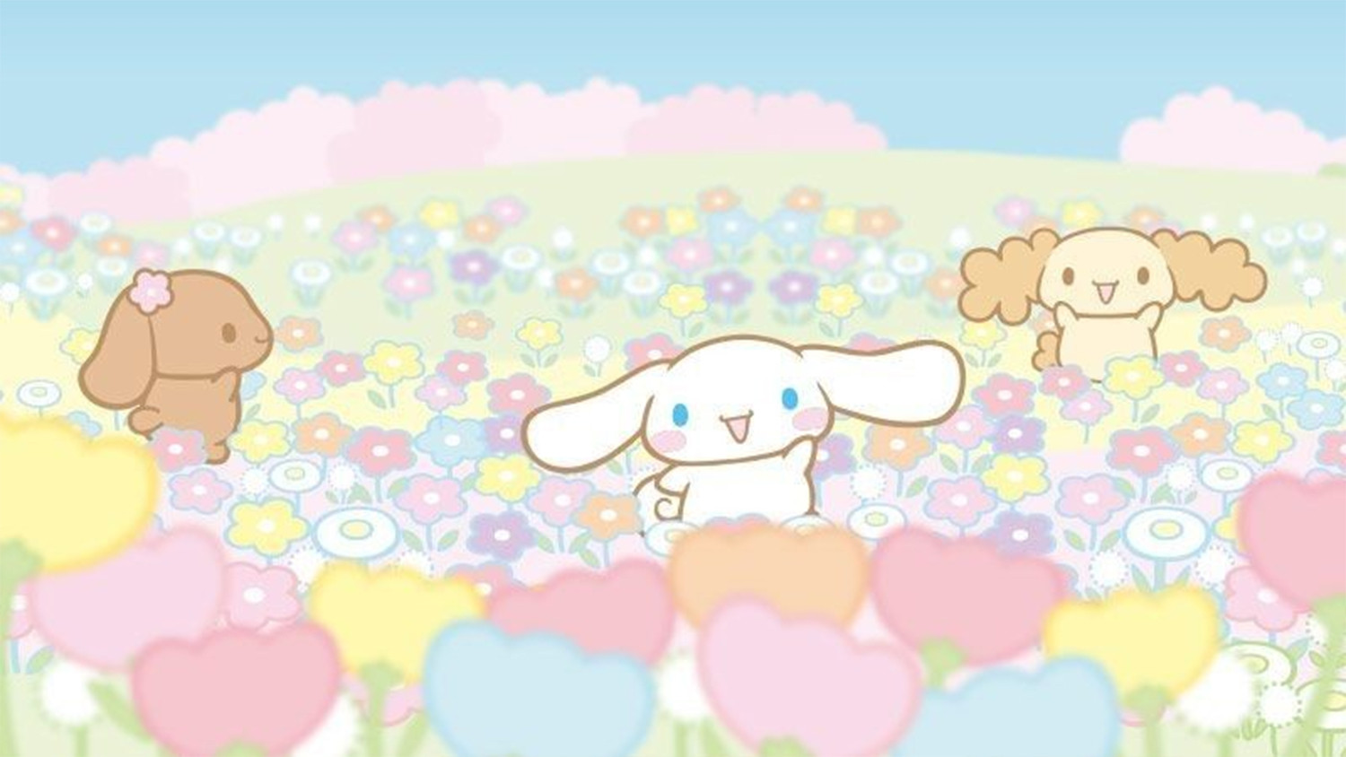 Hình nền máy tính nhân vật Cinnamoroll giữa rừng hoa