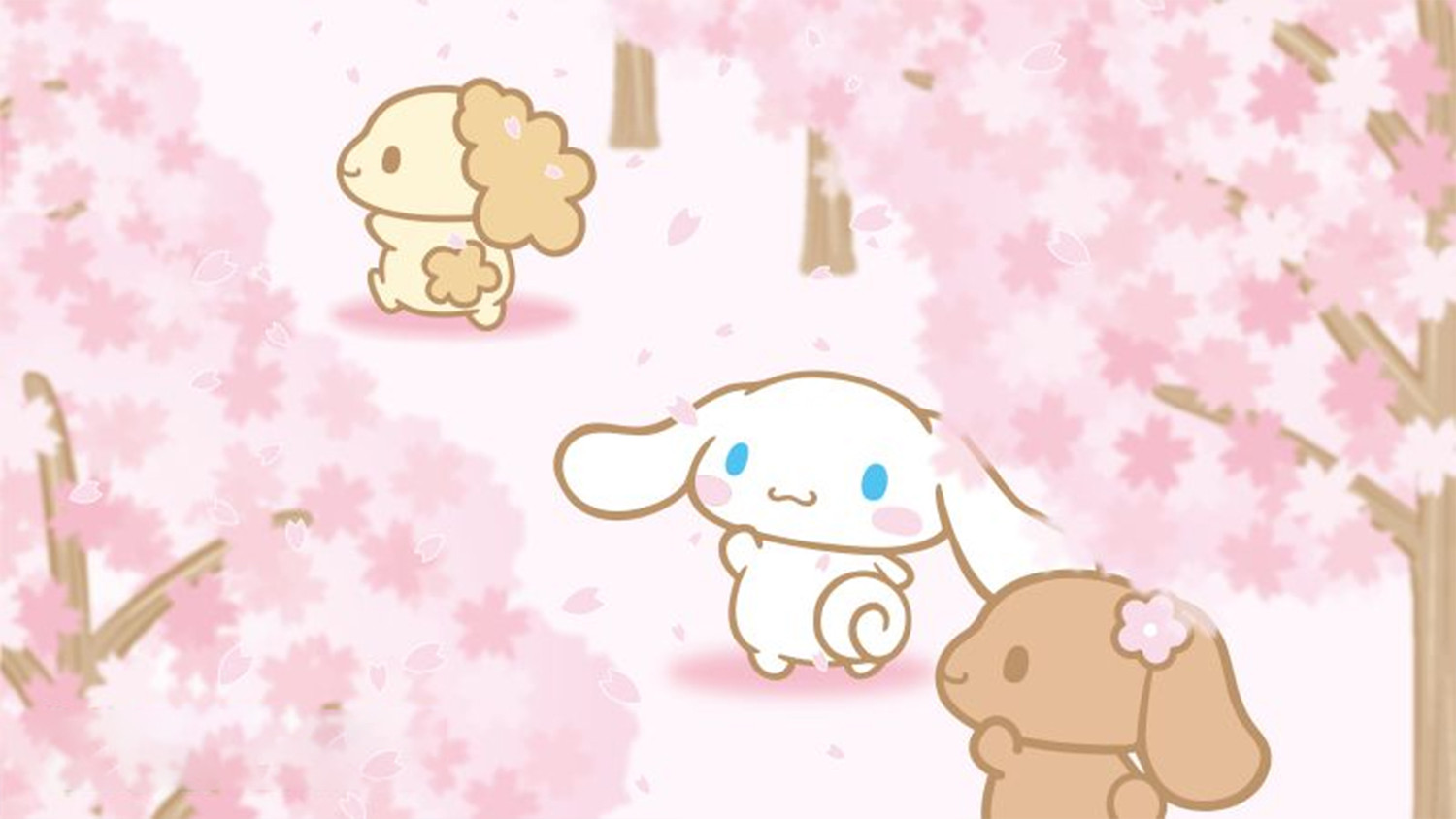 Hình nền máy tính nhân vật Cinnamoroll trong vườn hoa anh đào