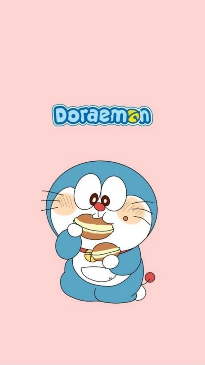 Hình nền điện thoại cảm ứng chú mèo máy Doremon ăn bánh rán