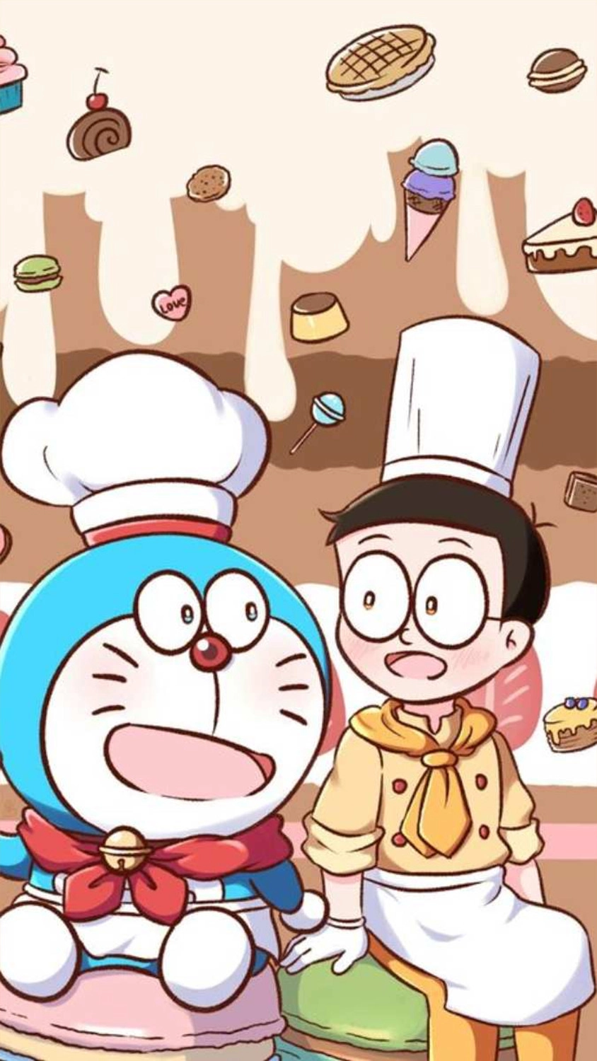 Hình nền điện thoại cảm ứng chú mèo máy Doremon và Nobita thực hiện đầu bếp
