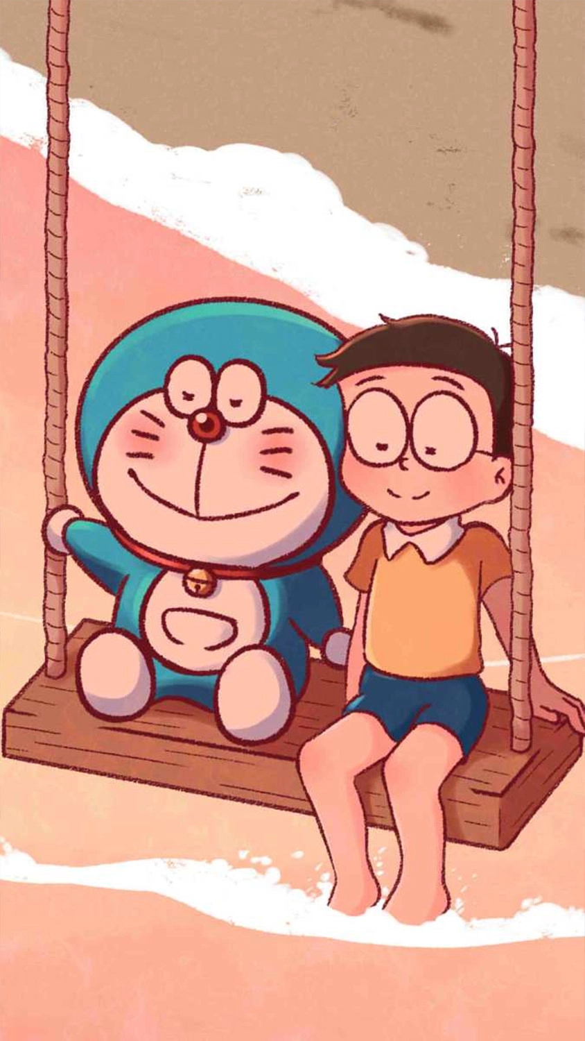 Hình nền điện thoại chú mèo máy Doremon đi biển cùng Nobita