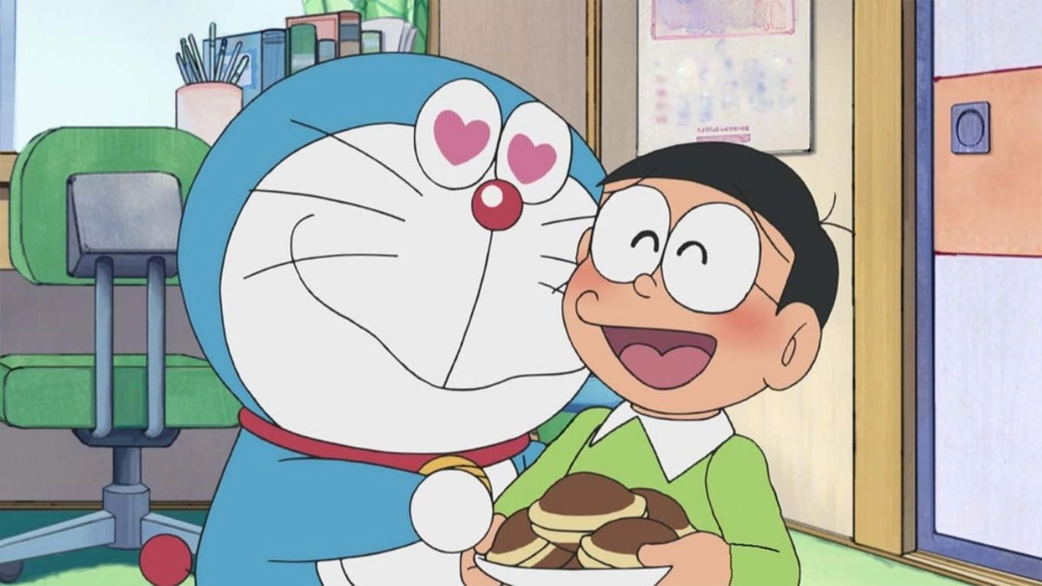 Hình nền PC chú mèo máy Doremon và Nobita ăn bánh rán