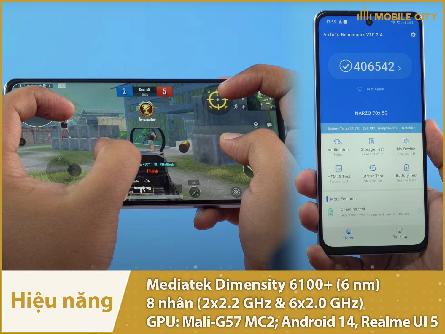 Hiệu năng Realme Narzo 70x mạnh mẽ với Dimensity 6100 Plus 8 nhân