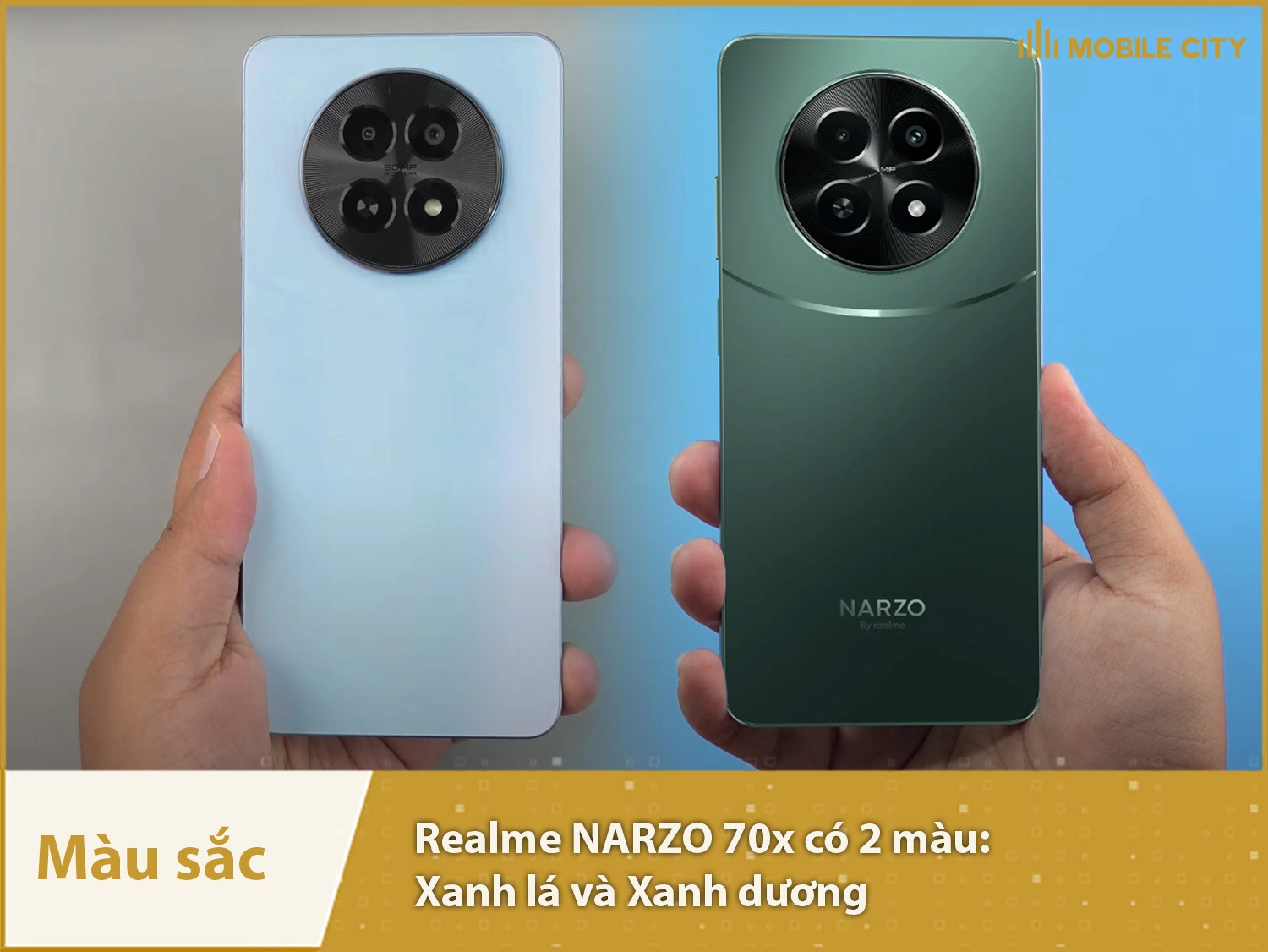 Realme Narzo 70x có 2 màu sắc Xanh lá và Xanh dương