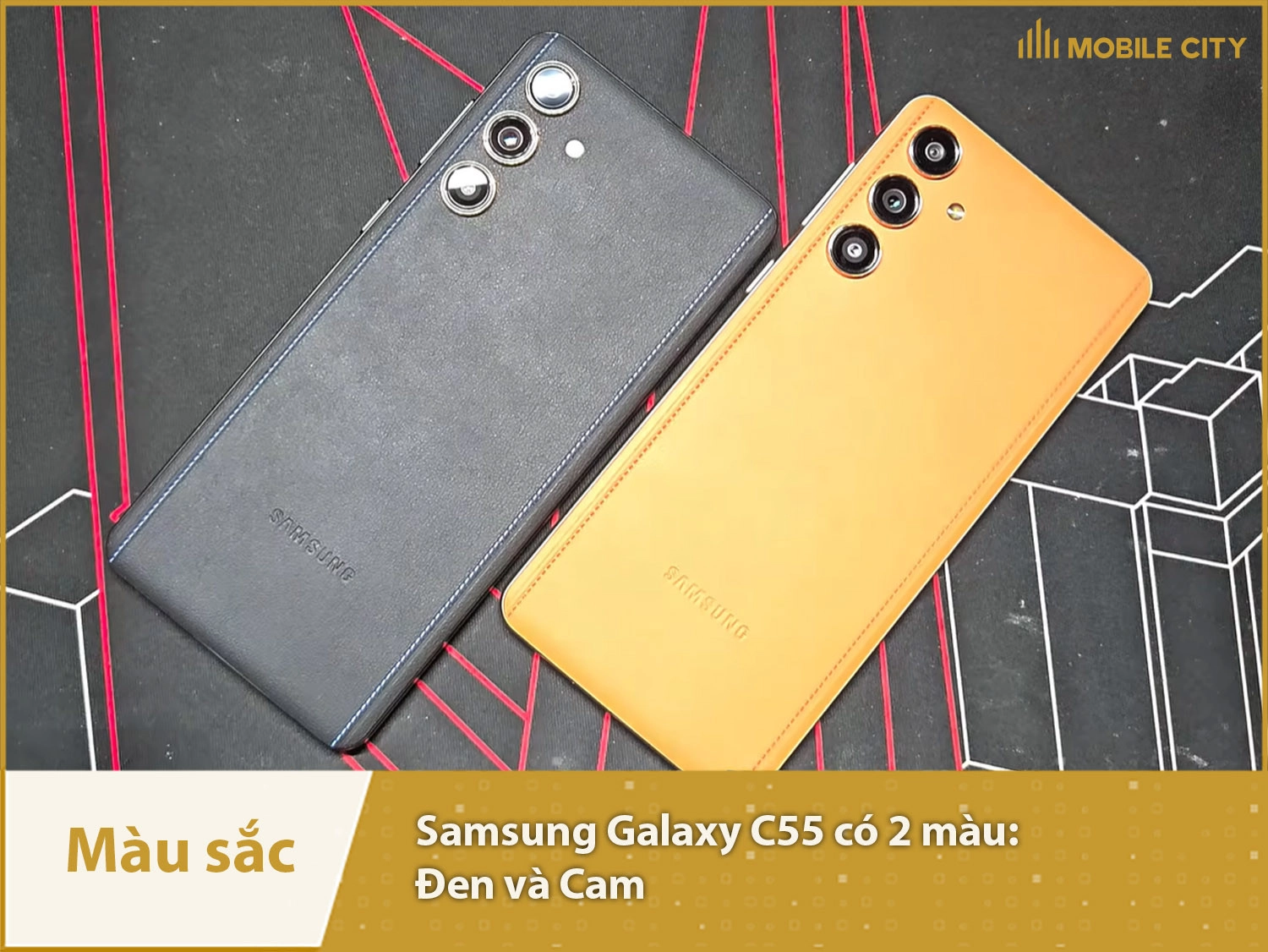 Samsung Galaxy C55 có 2 màu sắc gồm Cam và Đen