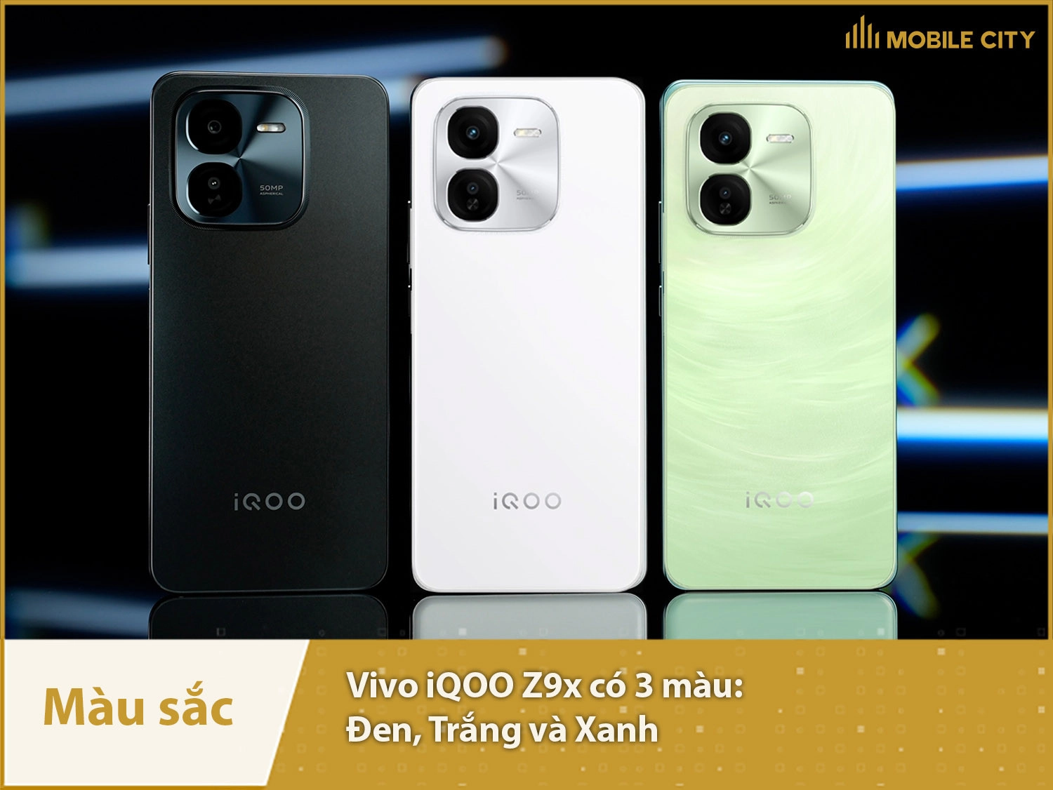 iQOO Z9x cung cấp 3 màu sắc thanh lịch gồm Xanh, Trắng và Đen