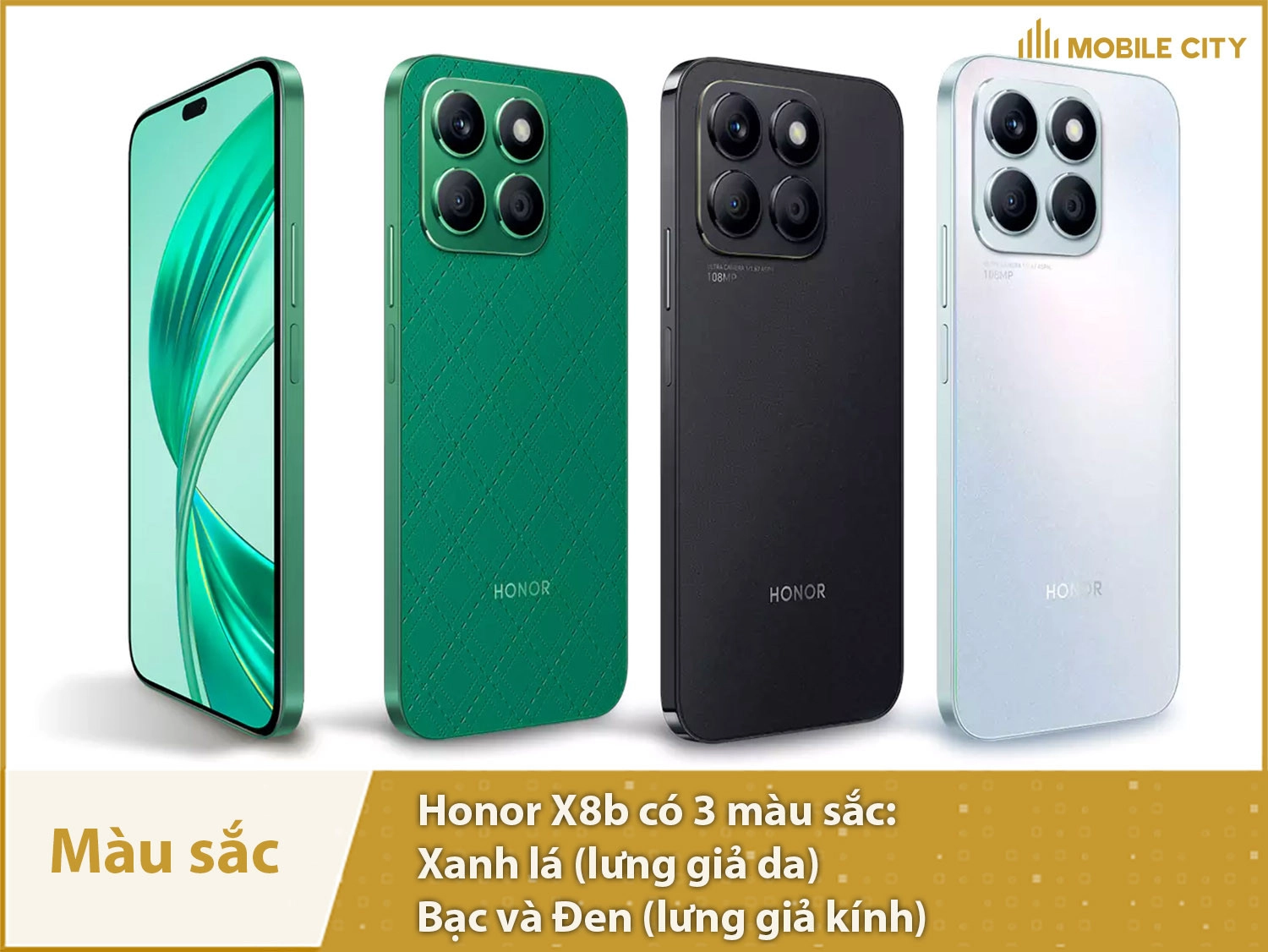 Honor X8b có 3 màu sắc: Xanh lá, Đen và Bạc