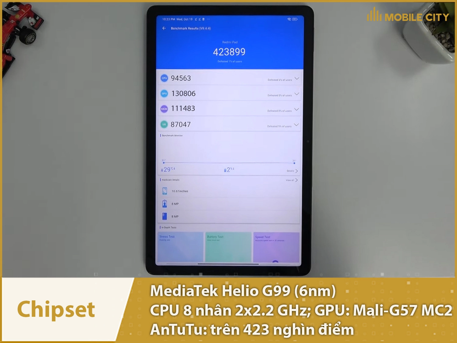 Chipset Helio G99 có chỉ số AnTuTu trên 423 nghìn điểm