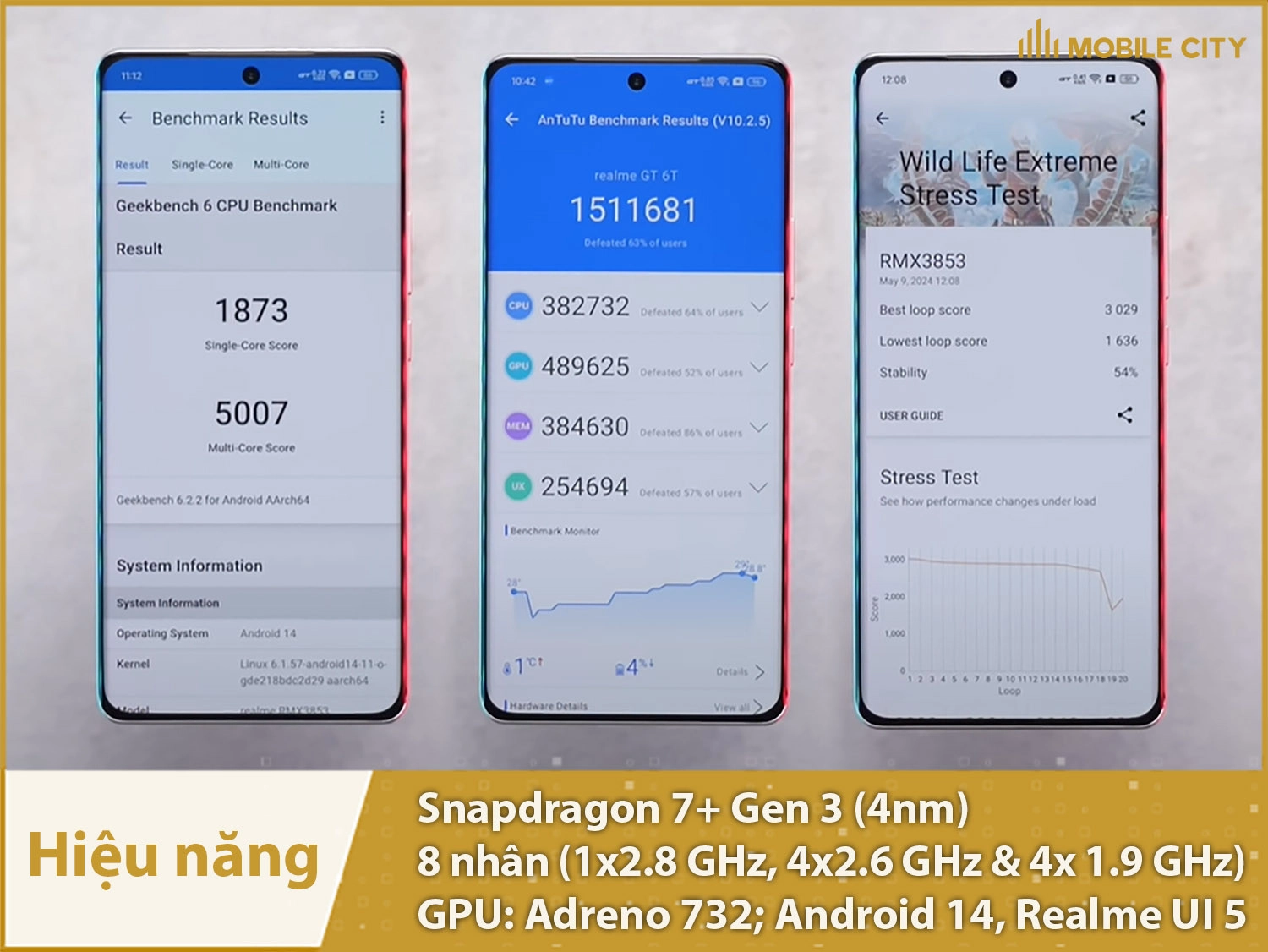 Hiệu năng siêu mạnh với Snapdragon 7+ Gen 3, phần Realme UI 5 mượt mà