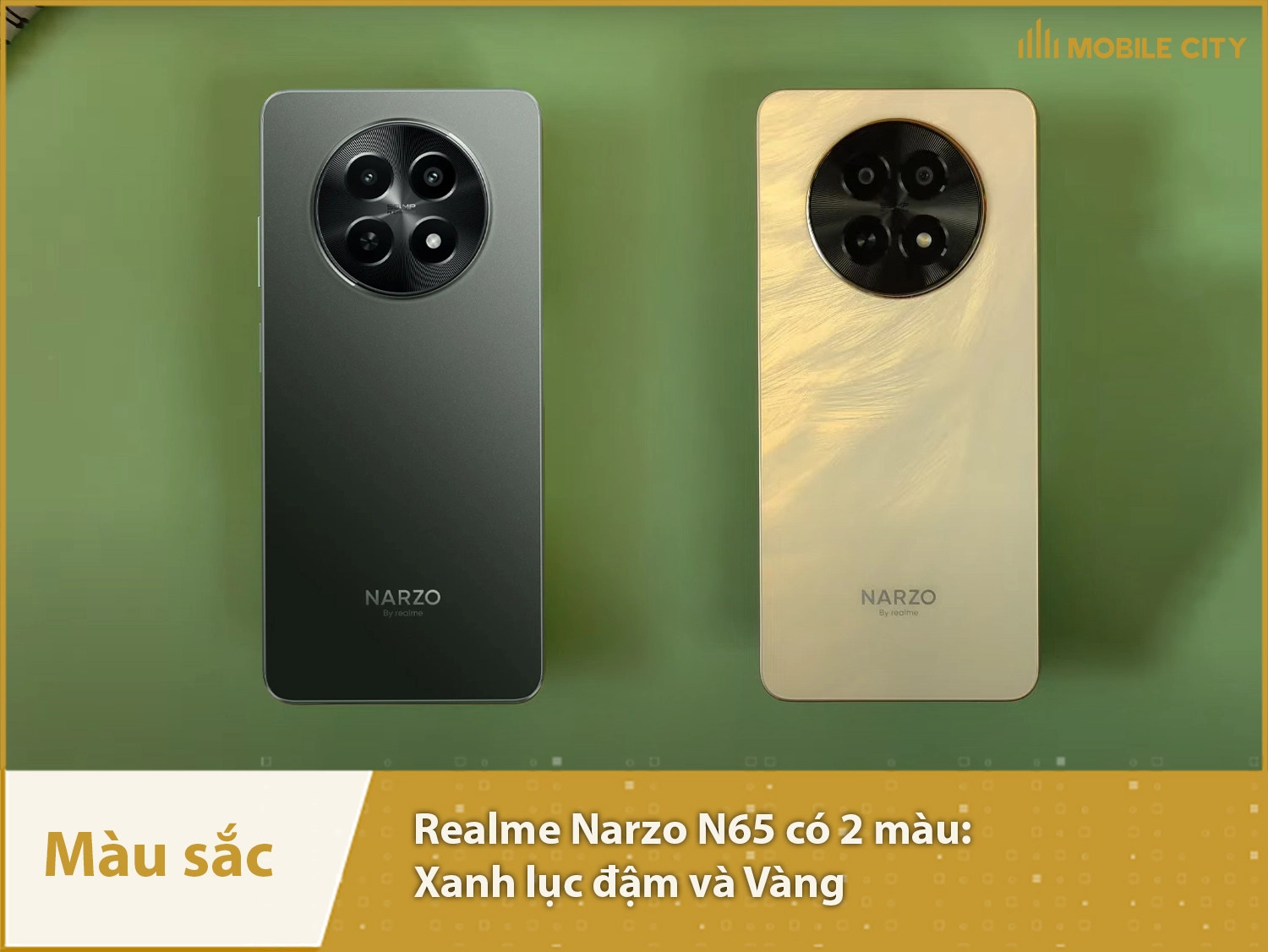 Realme Narzo N65 có 2 màu sắc Xanh và Vàng