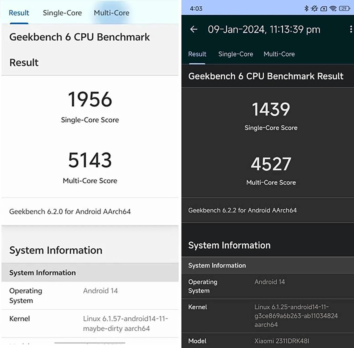 So sánh Snapdragon 8s Gen 3 vs Dimensity 8300 Ultra: Điểm GeekBench (Snapdragon 8s Gen 3 bên trái)