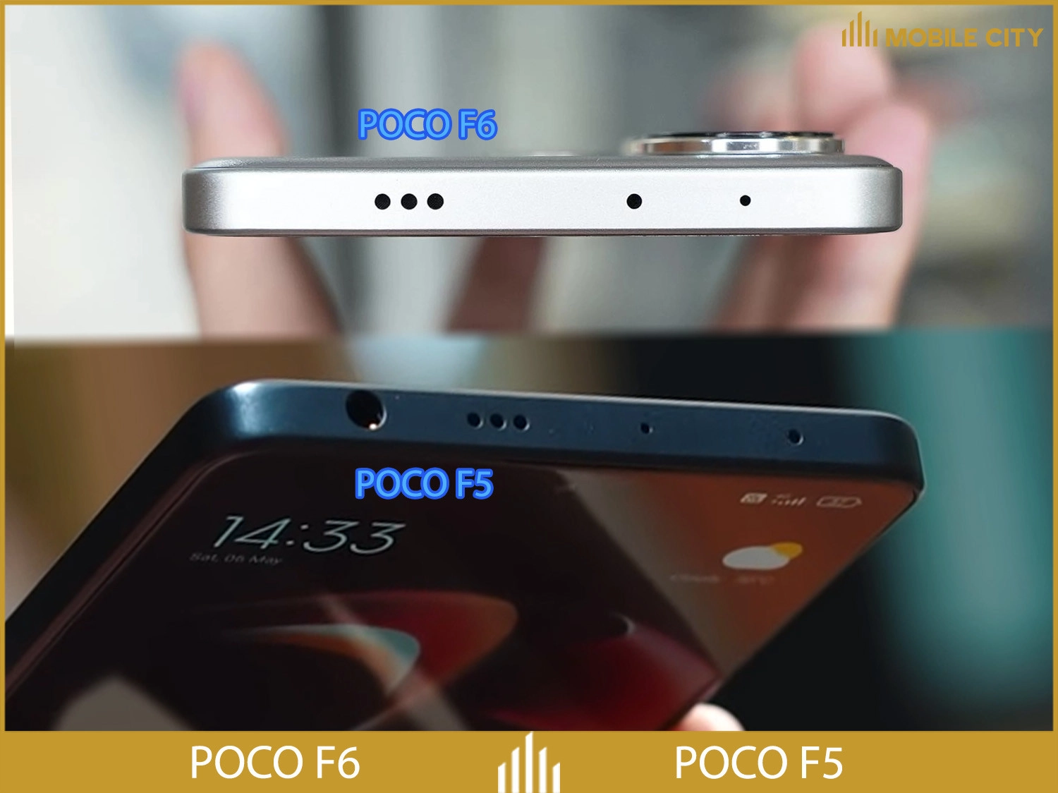 POCO F6 và POCO F5 có thiết kế vuông vức, riêng F5 có cổng jack 3.5mm