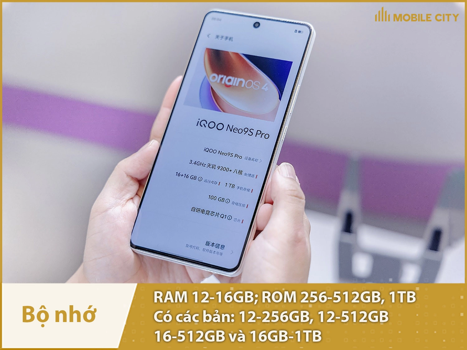 Vivo iQOO Neo 9S Pro có các bản bộ nhớ: 12-256GB, 12-512GB, 16-512GB và 16GB-1TB