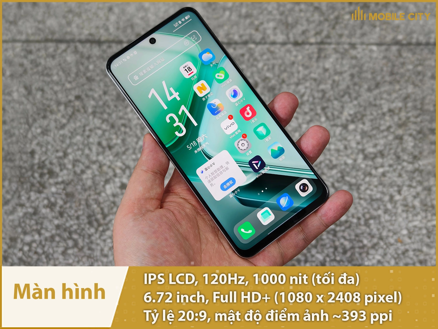 Vivo Y200t có màn hình 6,72 inch, IPS LCD 120Hz, độ sáng 1000nit