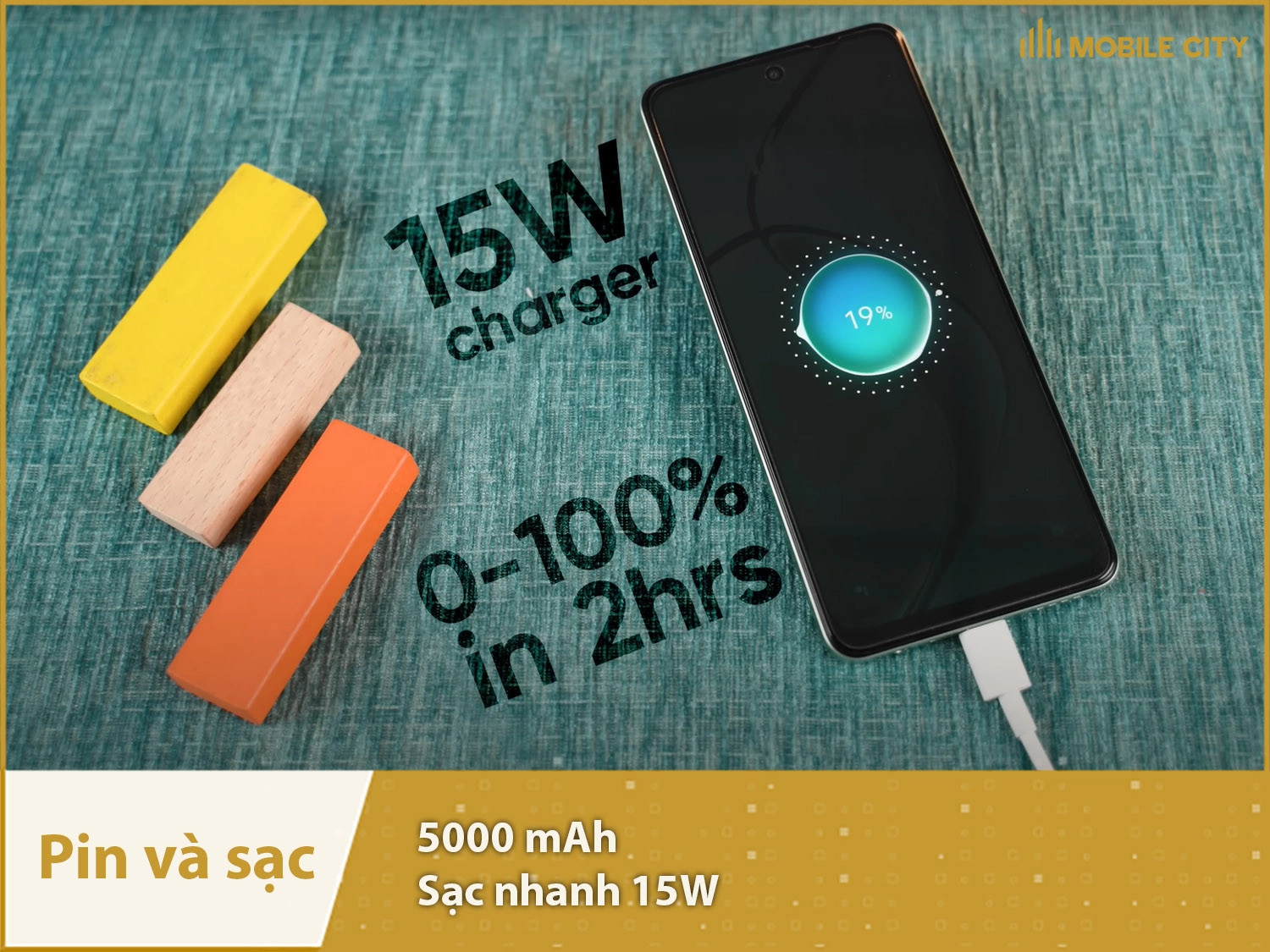 Pin 5000mAh kèm sạc nhanh 15W