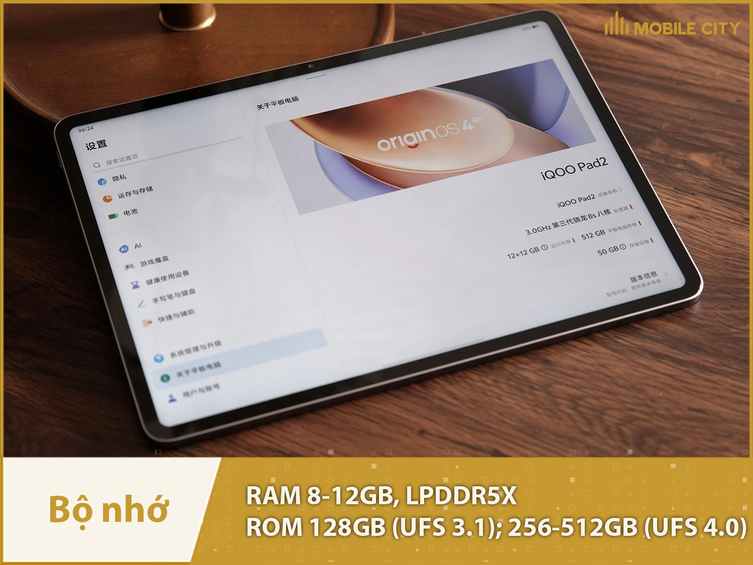 iQOO Pad2 có RAM 8-12GB, bộ nhớ trong 128-512GB