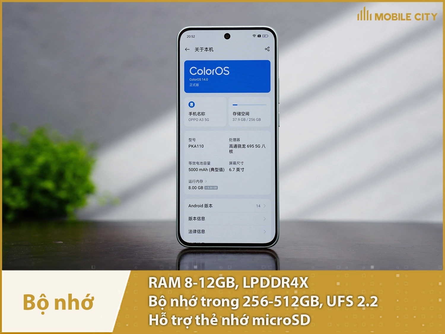 OPPO A3 có RAM 8-12GB; Bộ nhớ trong 256-512GB