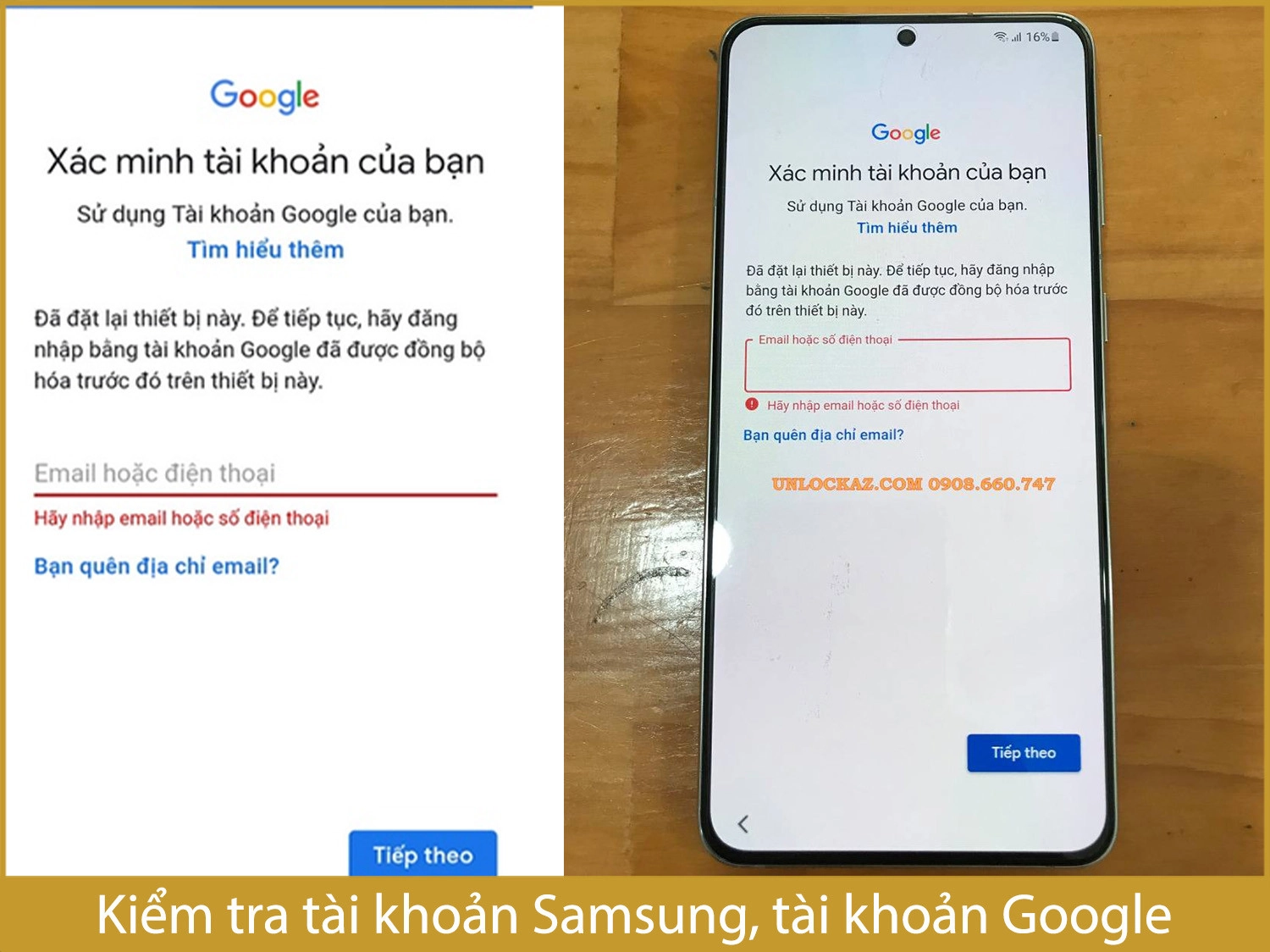 Kiểm tra tài khoản Samsung, tài khoản Google