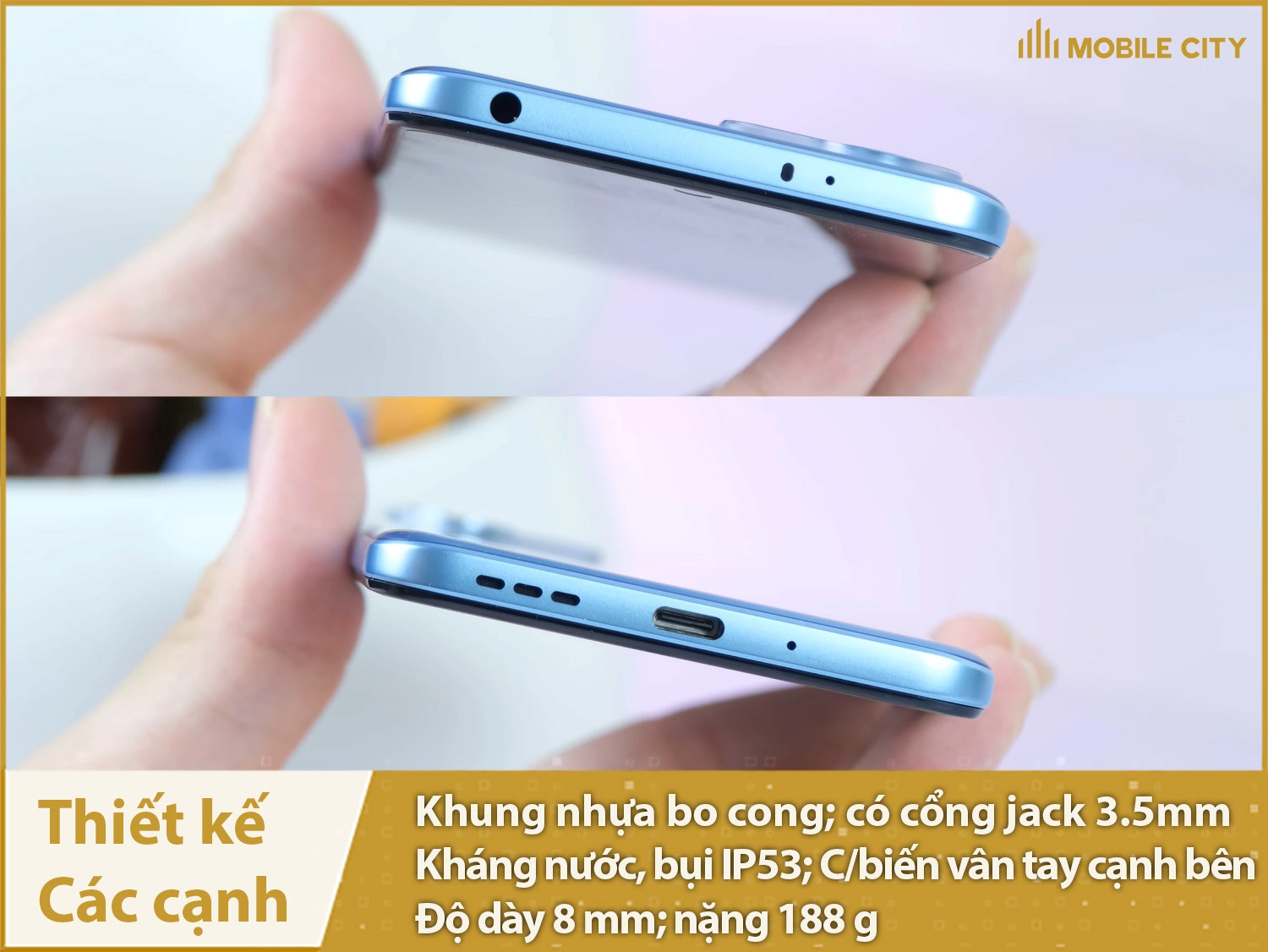 Khung nhựa bo cong, có jack 3.5mm, độ dày 8mm