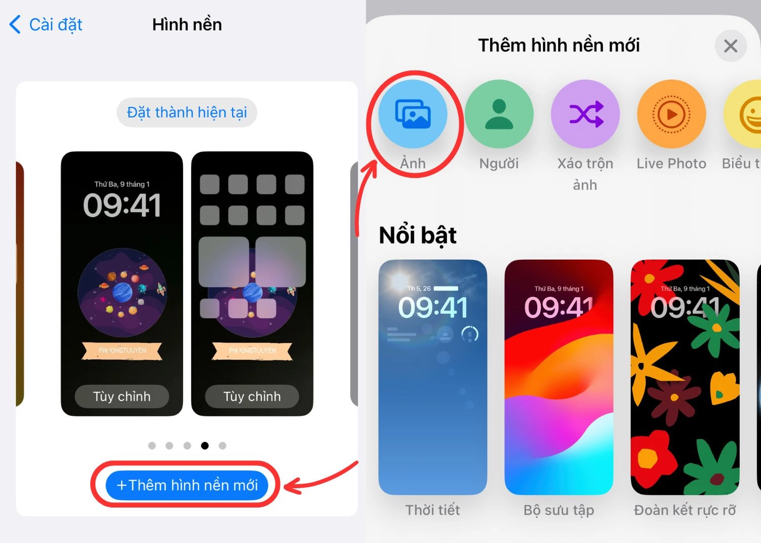 Thêm hình nền mới, sau đó ấn vào mục Ảnh để lấy ảnh vừa tải xuống