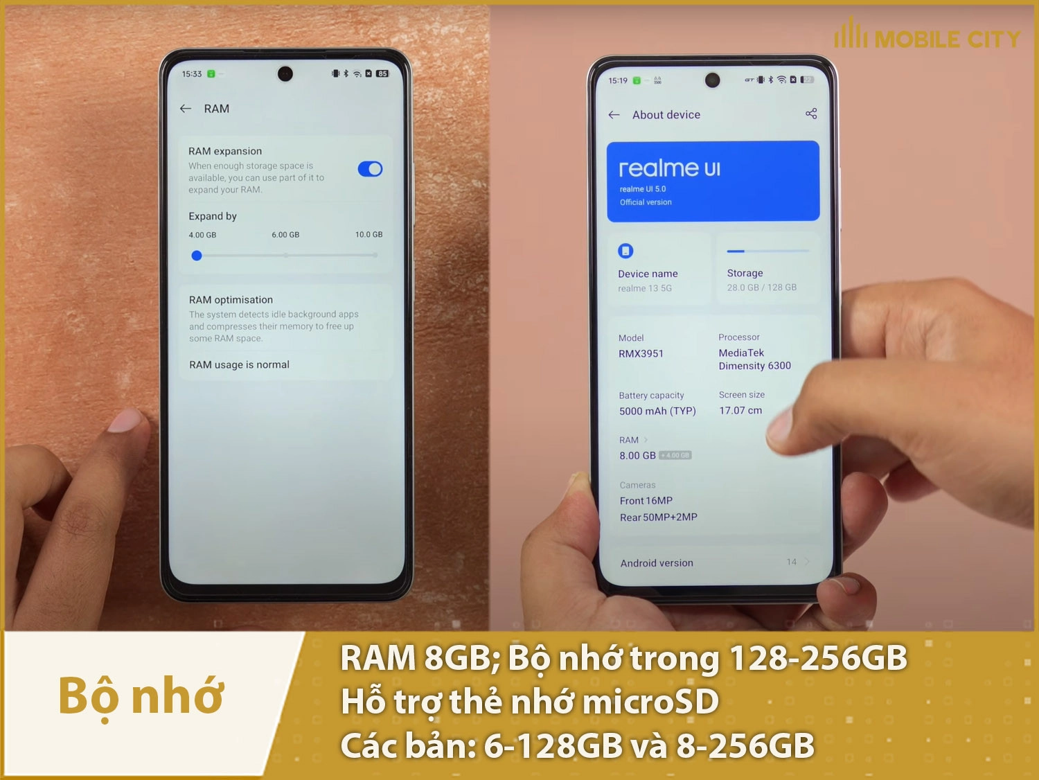 Realme 13 5G có 2 phiên bản bộ nhớ: 8-128GB và 8-256GB