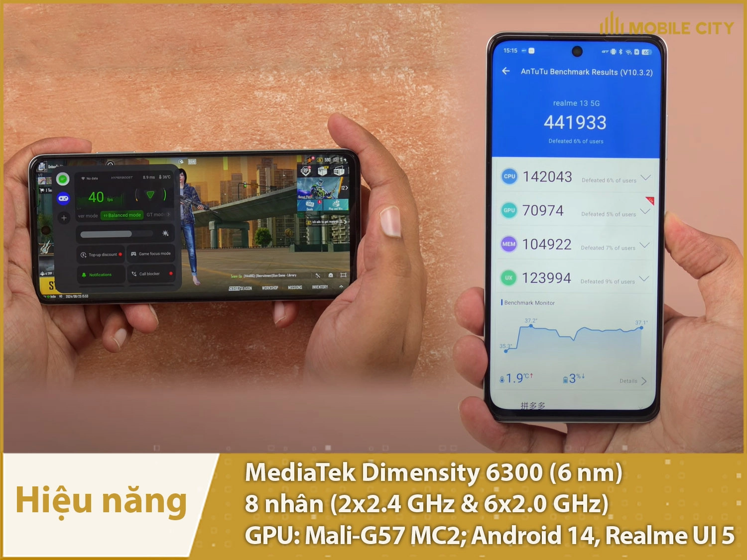 Hiệu năng ổn định với Dimensity 6300, Realme UI 5.0 mượt mà