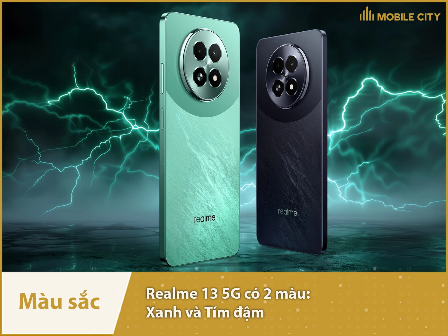 Realme 13 5G có 2 màu sắc: Xanh lá và Tím đậm