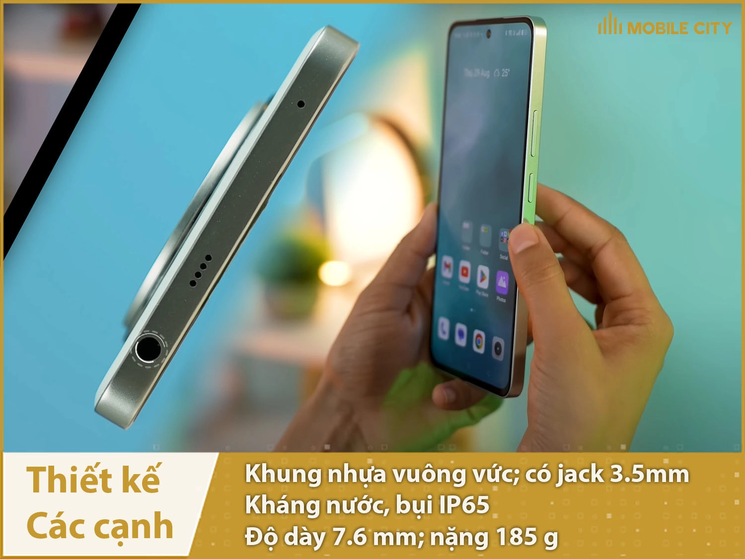 Realme 13 Plus có khung nhựa vuông vức, cổng cắm jack 3.5mm