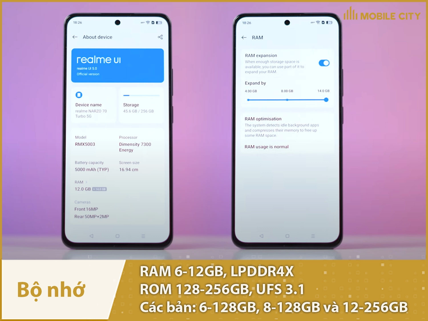 Realme Narzo 70 Turbo có các phiên bản bộ nhớ: 6-128GB, 8-128GB và 12-256GB