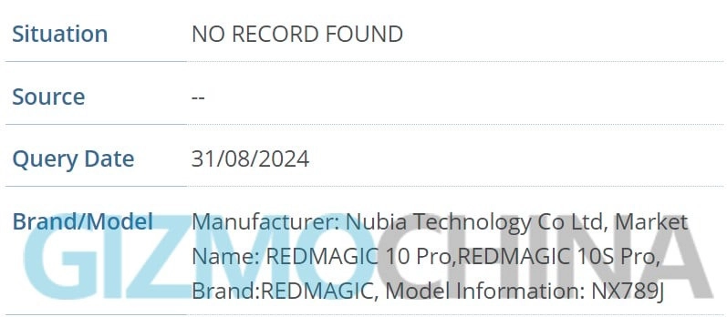 Red Magic 10 Series xuất hiện trên trang IMEI, nguồn Gizmochina