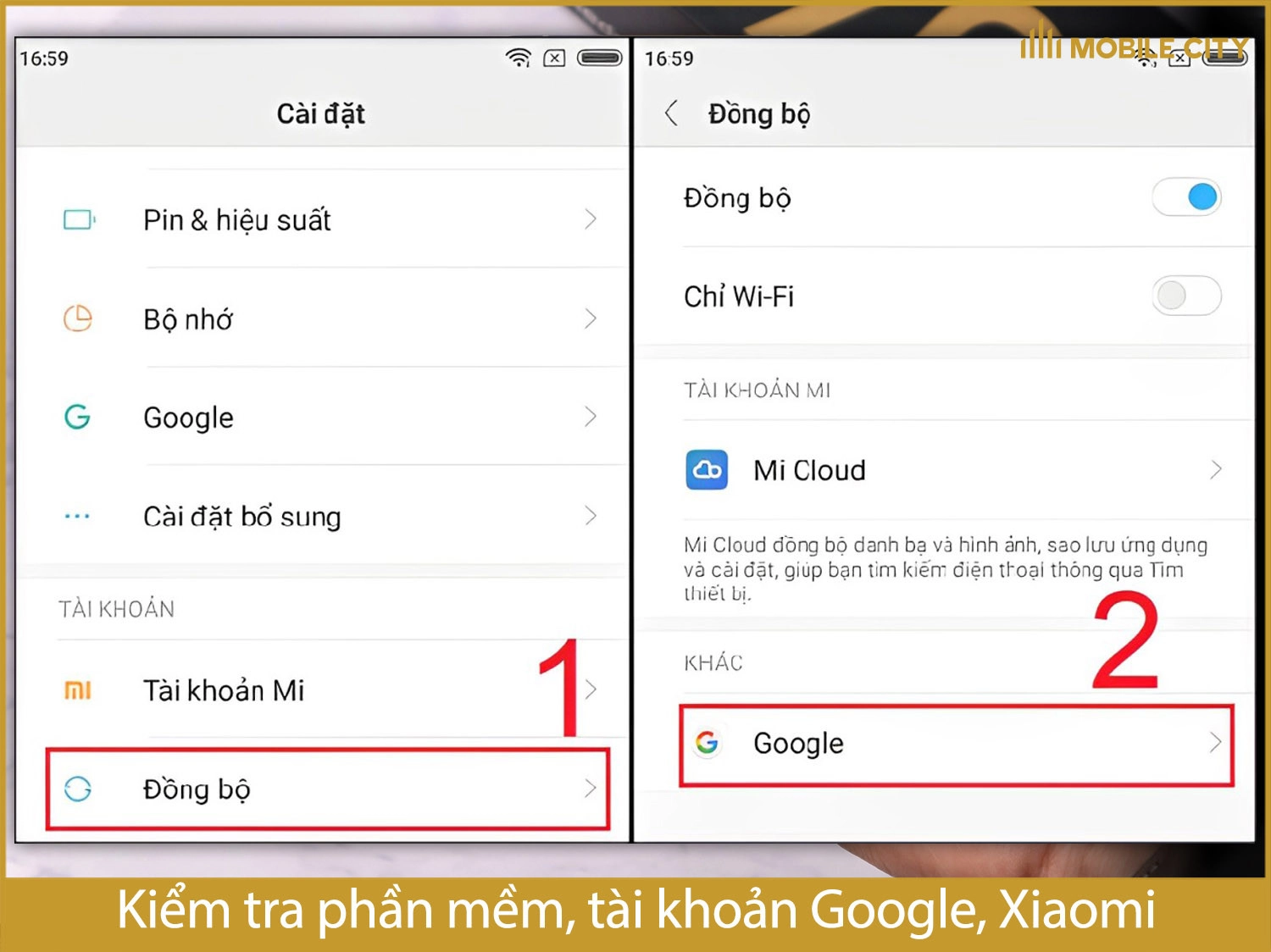 Kiểm tra phần mềm, tài khoản Google, Xiaomi