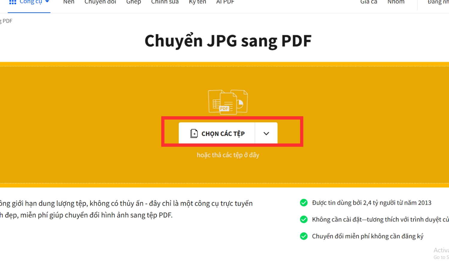 Truy cập vào trang web rồi nhấn Chọn các tệp