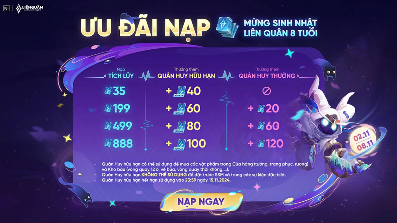 Nạp thẻ Garena: ưu đãi thẻ Garena vào dịp sinh nhật Liên Quân Mobile